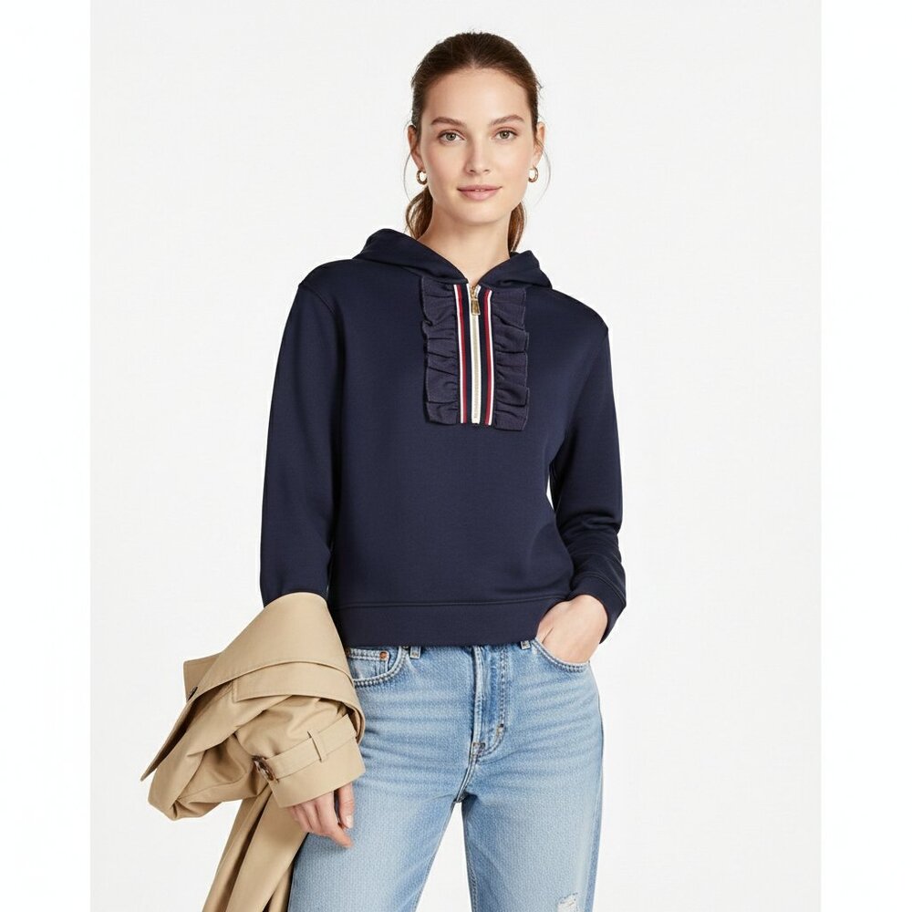 Sandro Paris Thanina Striped Trim 3 Navy Women's Pullover Hooded Sweatshirt EUC